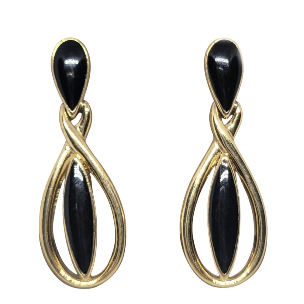 Trifari Vintage Gold Tone Black Enamel Open Teardrop Drop Earrings SKUJ141